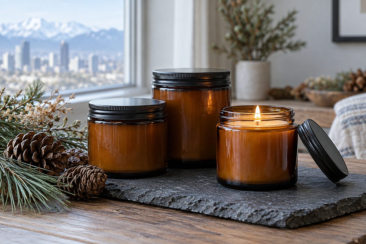 Trio of amber glass soy wax candles with fantasy biome scent profiles.