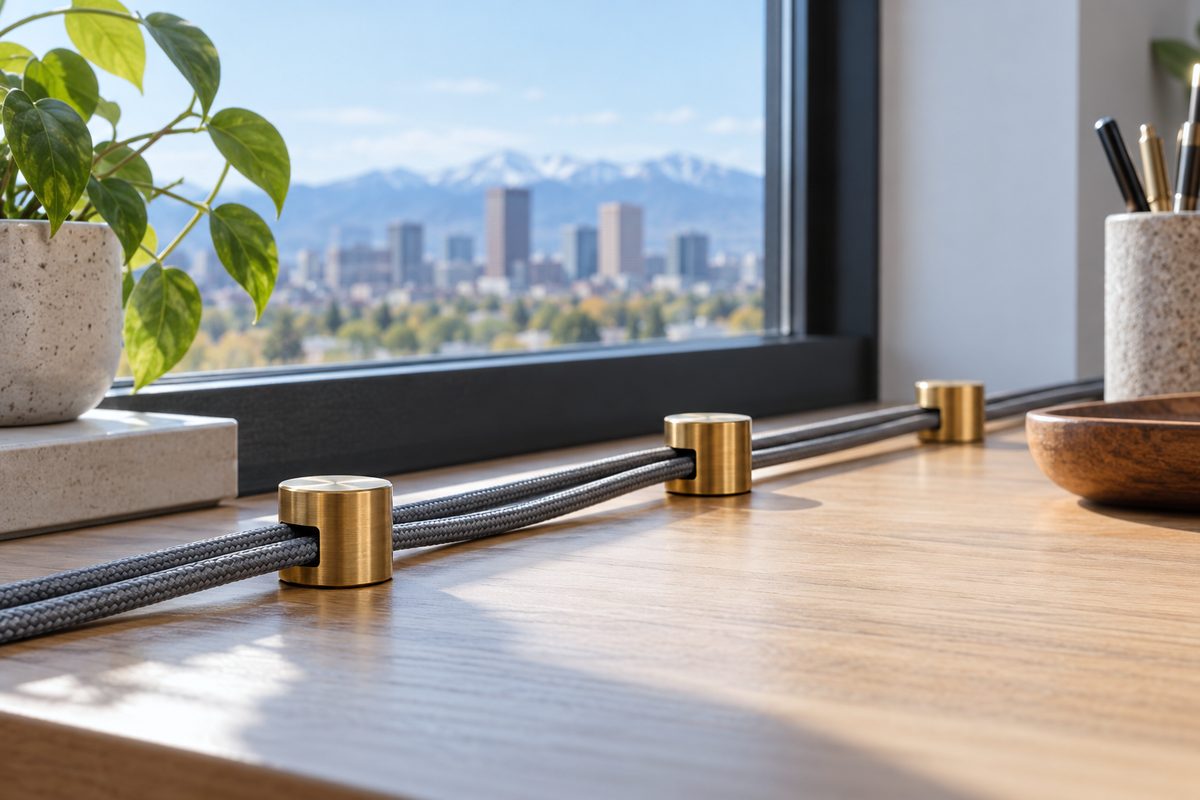 Turned architectural brass desktop cord anchors and cable weights on walnut timber.