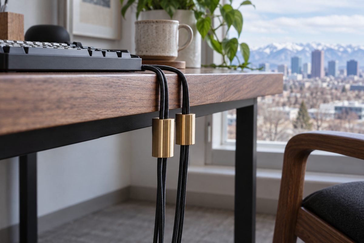 Machined solid brass cable weight anchors organizing peripheral cords on desktop.