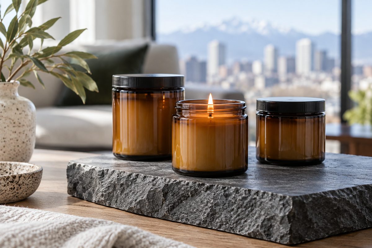 RPG biome soy candle set in amber jars arranged on stone pedestal.
