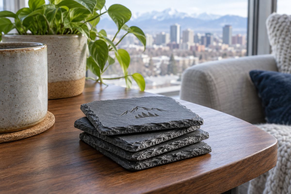 Set of four natural cleft slate coasters with engraved subtle gaming icons.