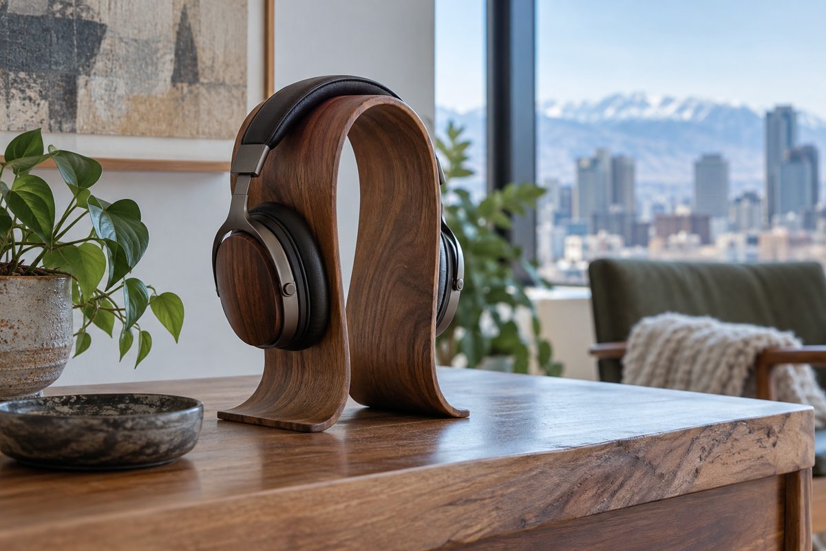 Sculptural steam-bent solid walnut headphone stand on exhibition plinth.