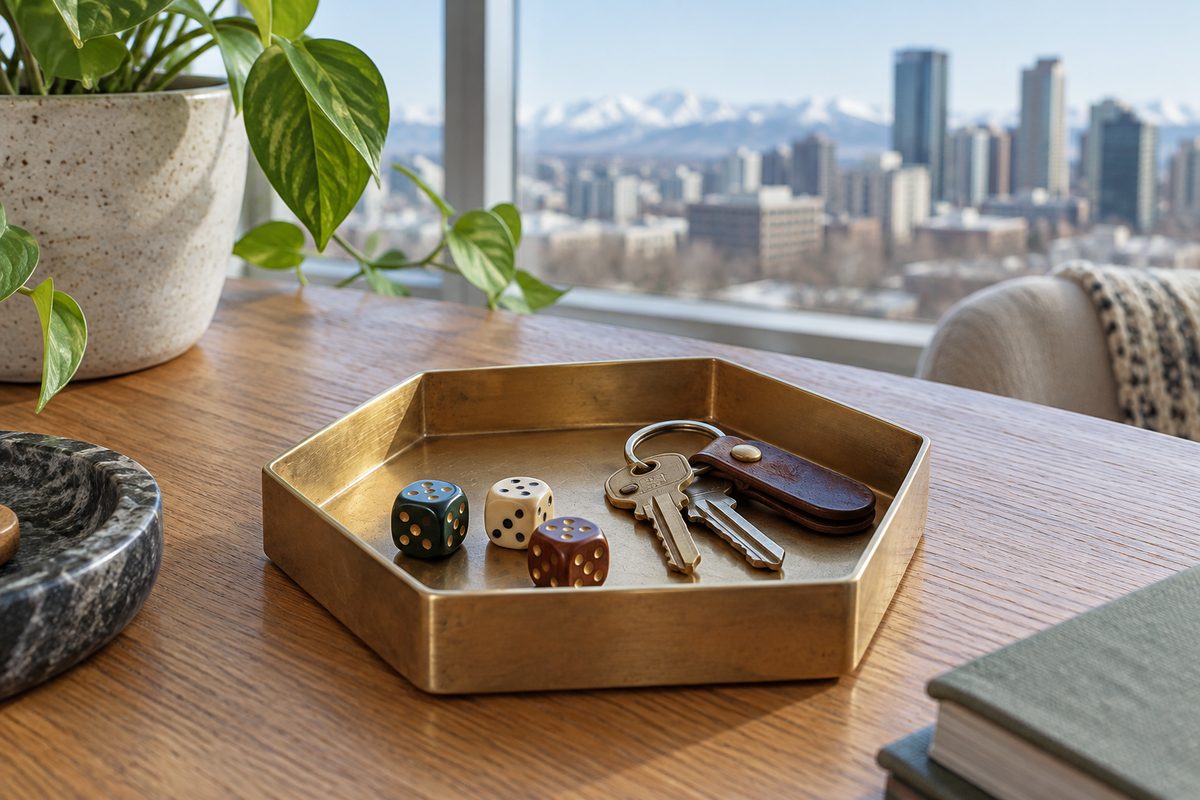 CNC-machined solid brass hex valet tray with accessories in studio setting.