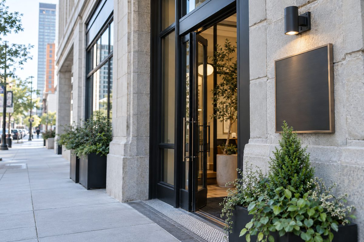 Denver studio entrance and architectural street setting on East 17th Avenue.