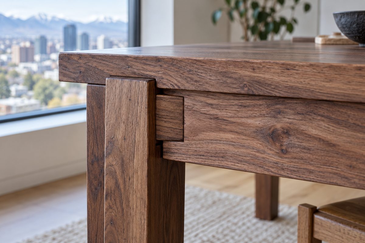 Close-up of handcrafted mortise and tenon wood joinery in solid walnut.