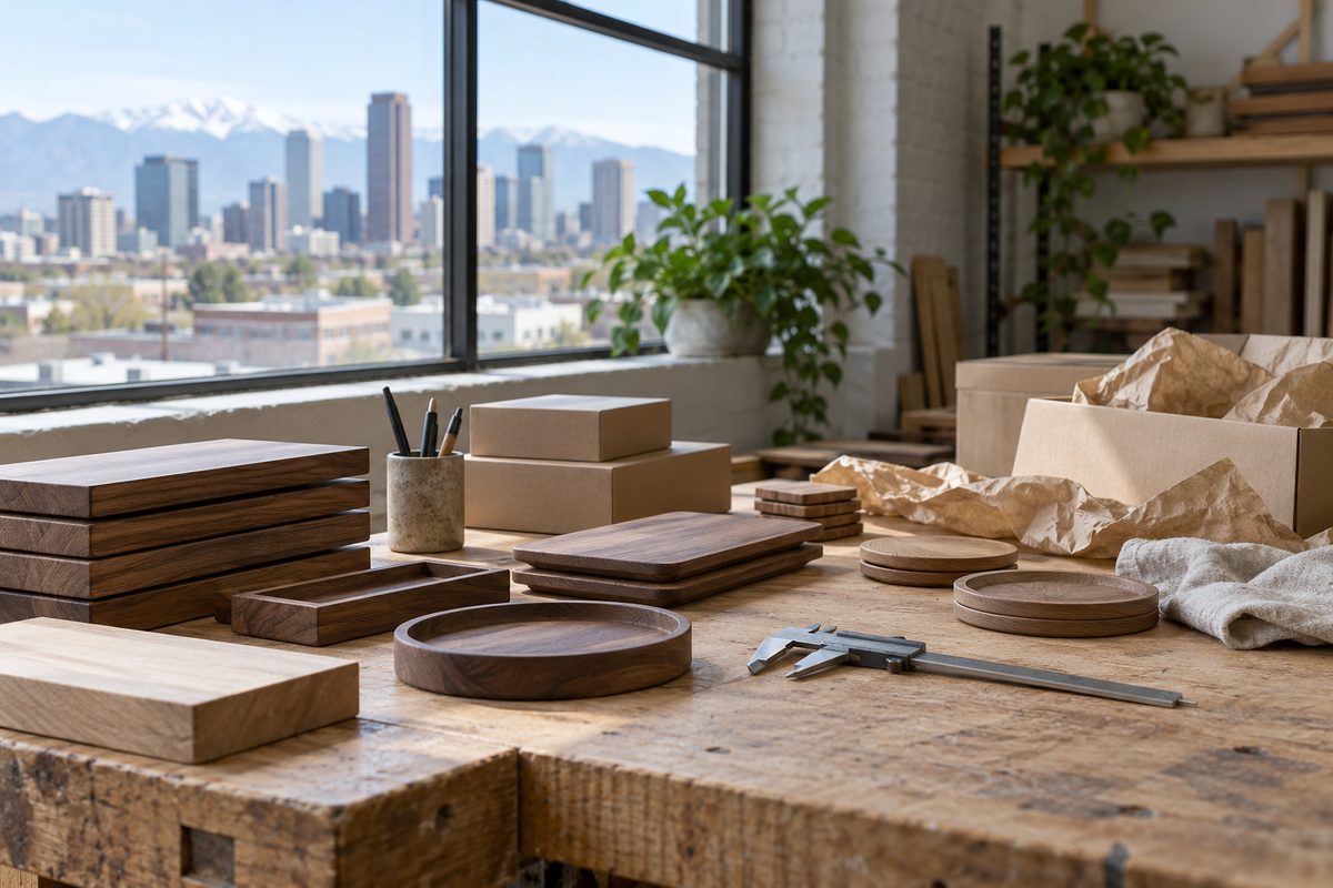 Denver curation studio workbench with measuring tools and packaged home goods.