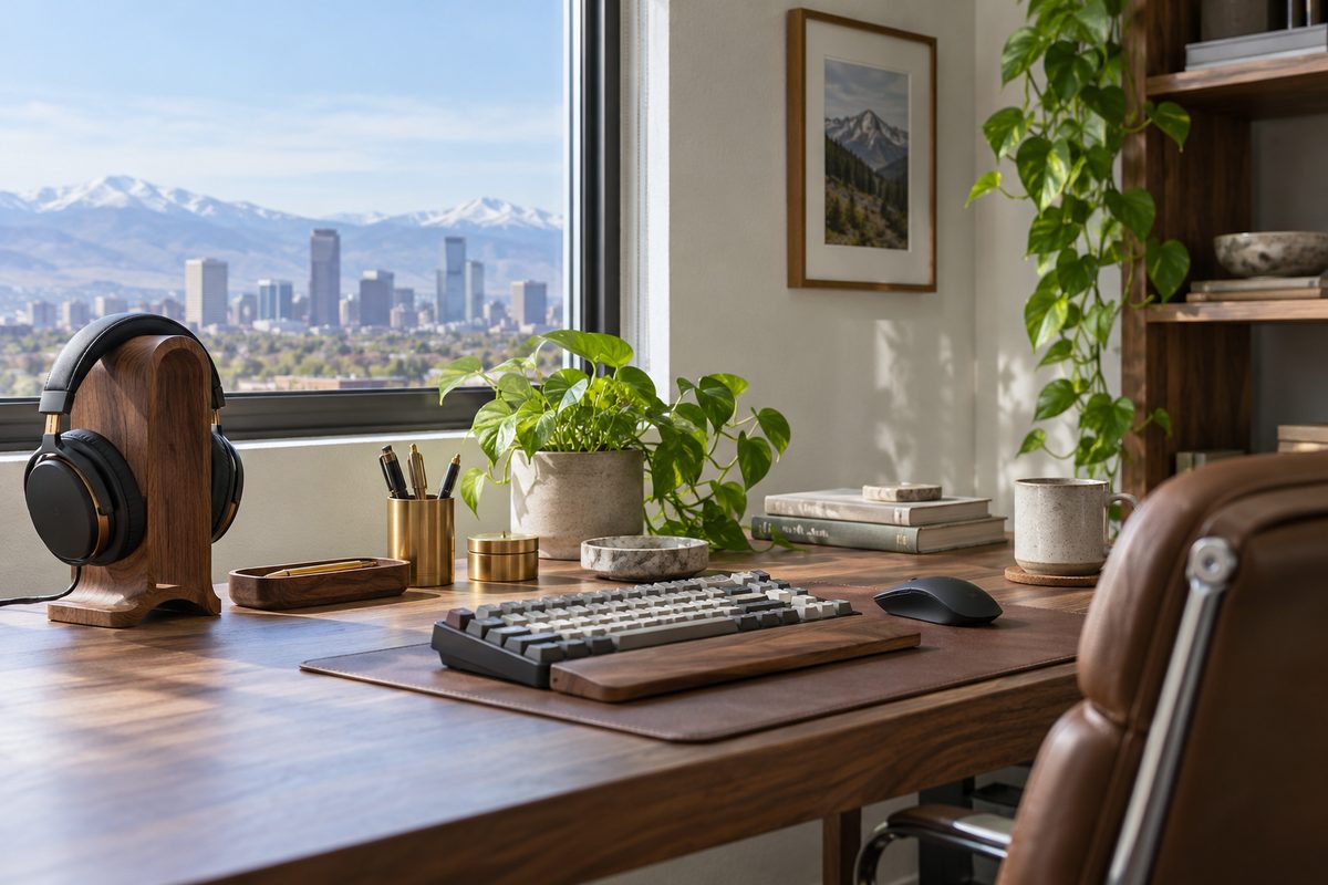 Understated home office desk setup with walnut and brass accessories.