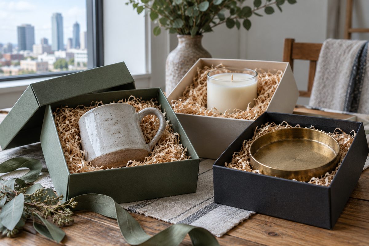 Thoughtful gaming home gift bundle presented in sustainable kraft gift box.