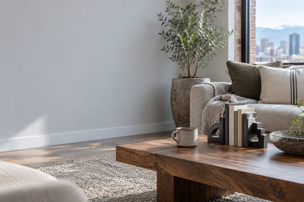 Quiet residential living room featuring understated gaming-inspired stoneware and cast iron decor on a solid wood table.
