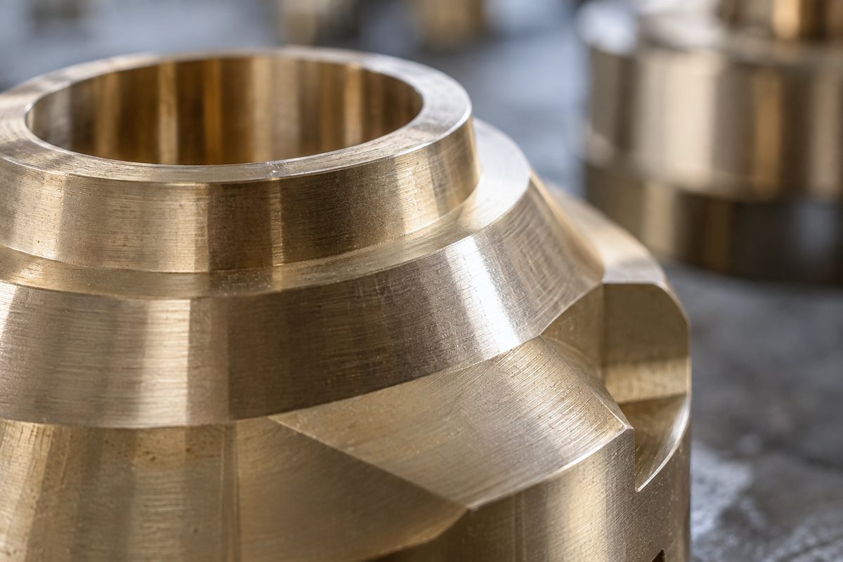 Close-up macro of precision milled brass chamfers and satin finish.