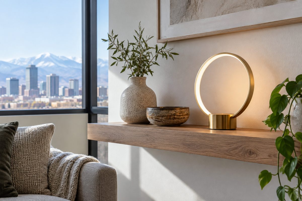 Minimalist circular brushed brass halo table lamp on modern shelf.