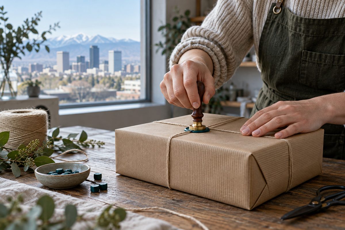 Sustainable unbleached kraft paper gift packaging with wax seal stamping.