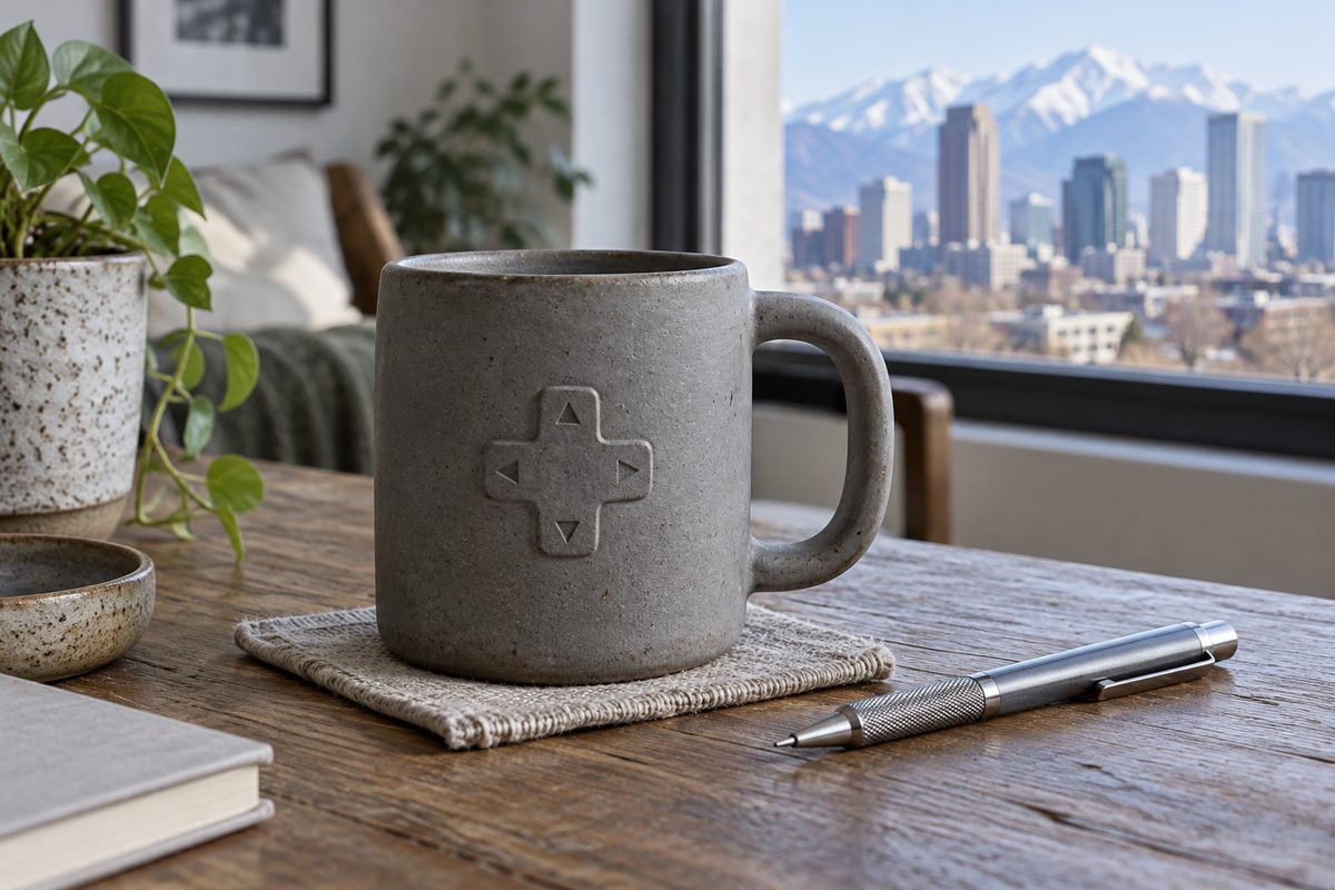 Handcrafted matte stoneware ceramic mug with debossed tactile gaming motif.
