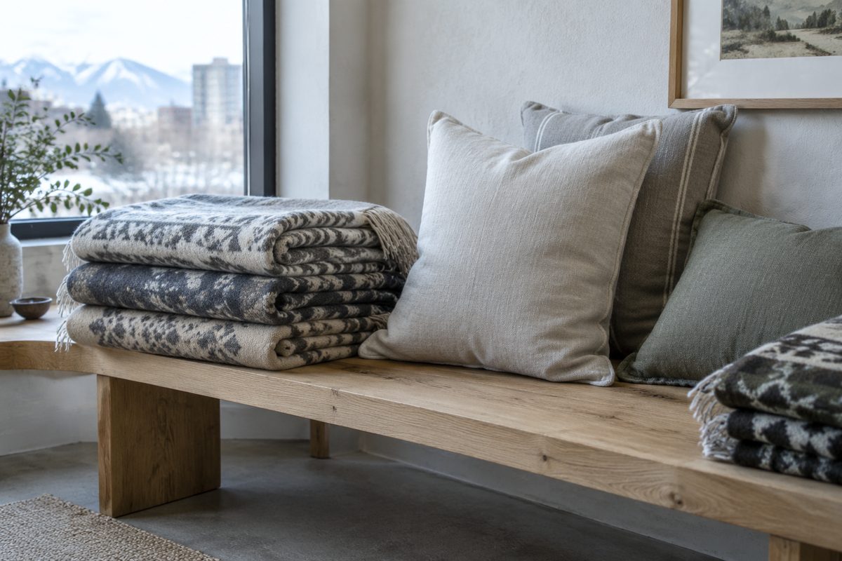 Folded pixel pattern wool throws and linen cushion covers on wooden bench.