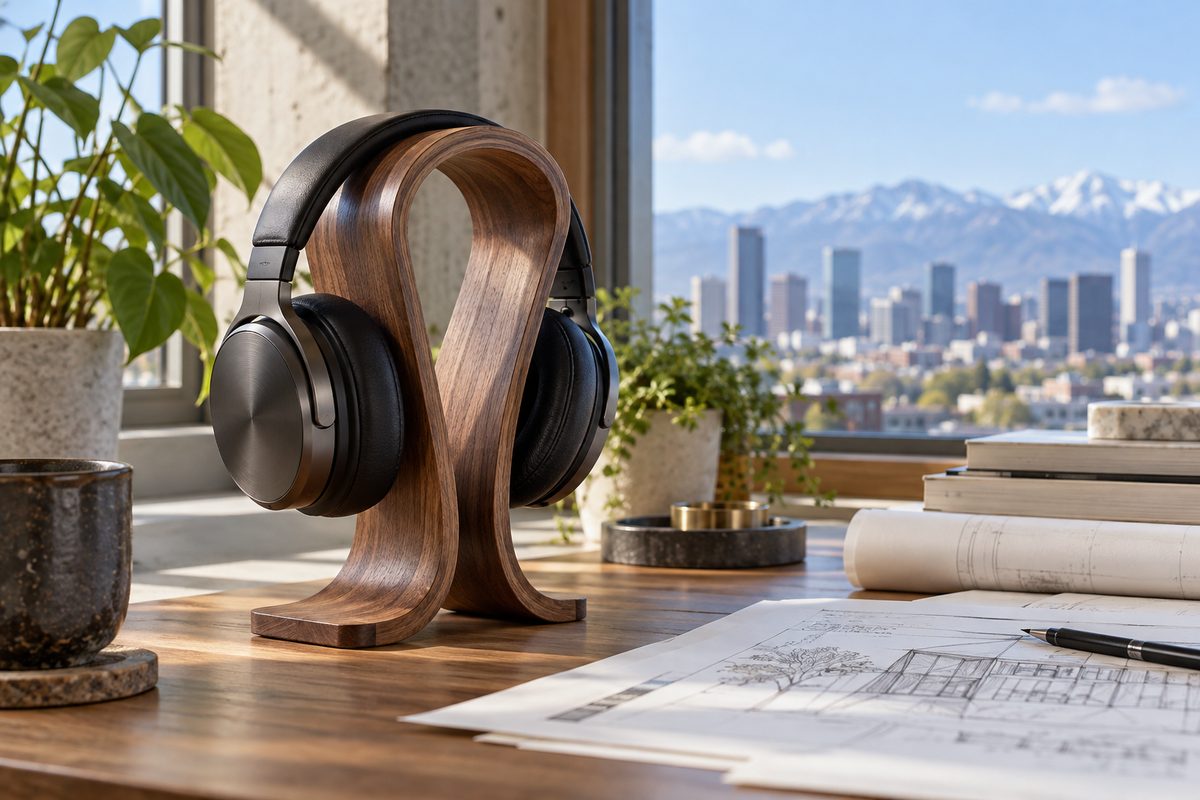 Sculptural steam-bent solid walnut headphone stand supporting headphones.